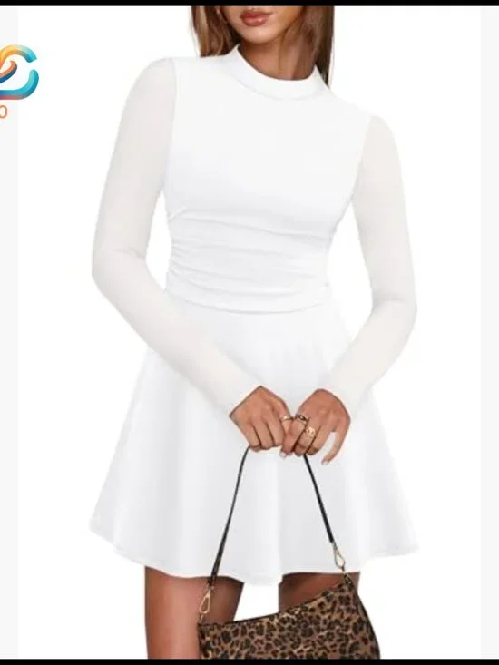 Long Sleeve Cocktail Dress Mock Neck Ruched Waist Mini Formal Party - Picture 2 of 7